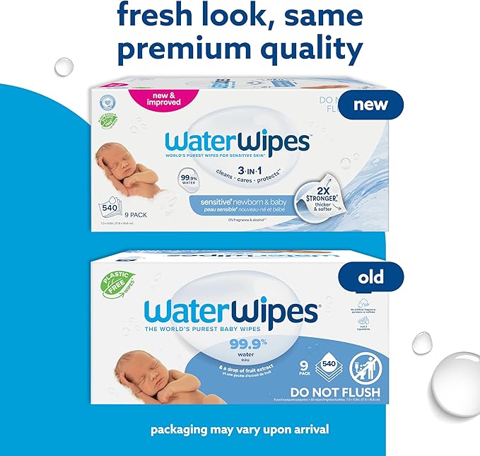 WaterWipes Sensitive+ Newborn & Baby Wipes, 3-In-1 Cleans, Cares, Protects, 99.9% Water, Unscented & Hypoallergenic, 540 Count (9 Packs)