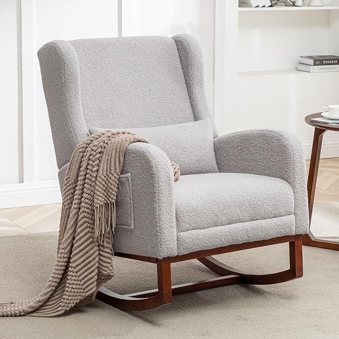 Rocking Chair Nursery with Foot Rest, Wingback Nursery Rocking Chairs, Teddy Nursing Glider Rocker Chair with Pillow and High Back for Nursery, Living Room, Bedroom, Grey
