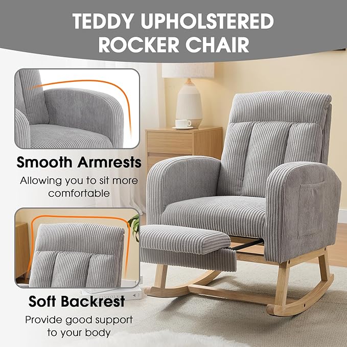 NIOIIKIT Nursery Rocking Chair, Corduroy Upholstered Rocking Chair with Adjustable Footrest, Tufted Rocker Chair with Side Pocket, Glider Rocker for Living Room, Bedroom (Gray Casual)