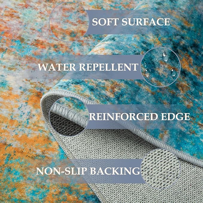 Washable Area Rugs 5'x7' Non-Slip Modern Abstract Soft for Living Room Entryway Bedroom Nursery, Print Pattern, Teal Blue Green Orange Rust Red Colorful