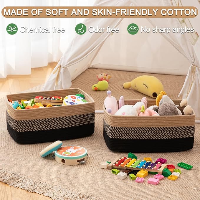 Large Storage Basket for Organizing, Woven Rope Basket for Shelves, Closet Organizer Bins for Clothes, Blanket, Toys, Baby Nursery Storage, 17.7" x 13" x 7.87", 2 Packs Black & Brown