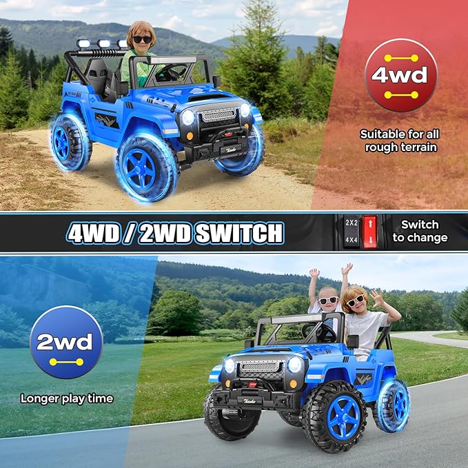 Hikole 24V Kids Ride on Car - 2 Seater, 4WD/2WD Switch, 4x200W Motor, Remote Control, 3 Speeds, LED Lights, Safety Belt, Off-Road Electric Vehicles for Boys Girls, Blue