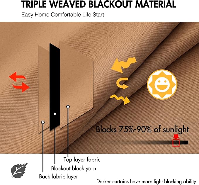 ANRODUO Back Tab Blackout Curtains for Bedroom Living Room, Rod Pocket Pinch Pleated Thermal Insulated Room Darkening Curtains 90 Inches Long 2 Panels, Brown, 42 x 90 Inch