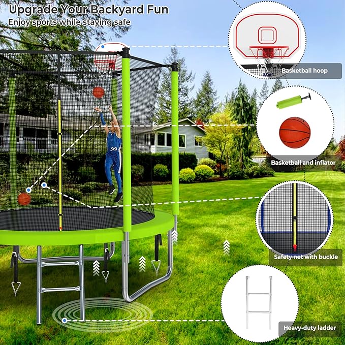 Upgraded 16FT 15FT 14FT 12FT 10FT 8FT Trampoline Outdoor with Basketball Hoop and Net, Capacity for 4-6 Kids and Adults