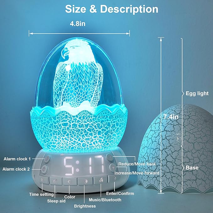 Kids Fun Alarm Clock with Night Light for Bedroom,16 Sleep Sounds Noise Machine& Bluetooth Speaker, 8-Color Dimmable Wake-Up Light with 10/30/60 Minutes Timer, Egg Decorative Light Gift for Boys Girls
