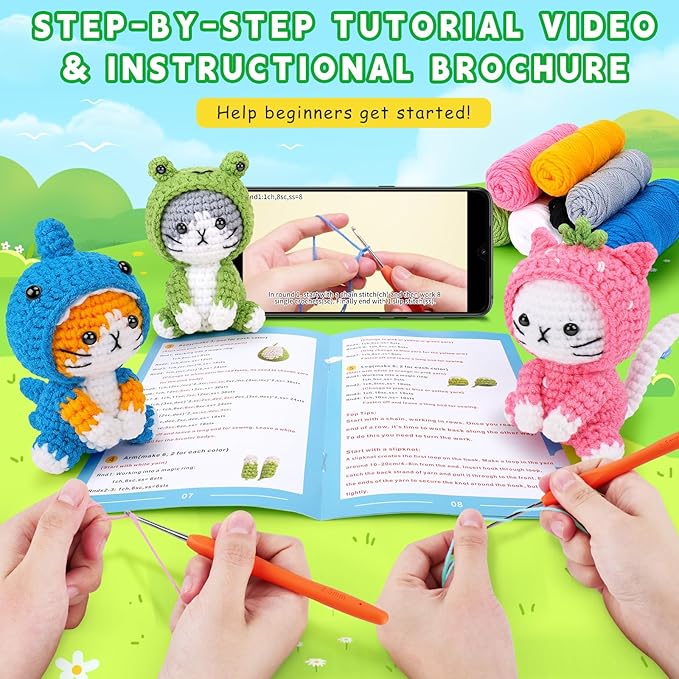 Crochet Kit for Beginners - 3 PCS Crochet Kits with Step-by-Step Video Tutorials, Beginner Crochet Kit for Adults Kid, Crochet Animal Kit for Starters, Cat Dressed as Shark Frog Strawberry