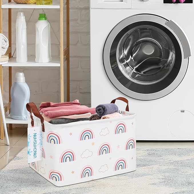 LANGYASHAN Rectangular Storage Bin Collapse Canvas Fabric Cartoon Storage Basket with Handles for Organizing Home Kitchen Boys and Girls Toys Office Closet Shelf Baskets(Rec Cloud Rainbow)
