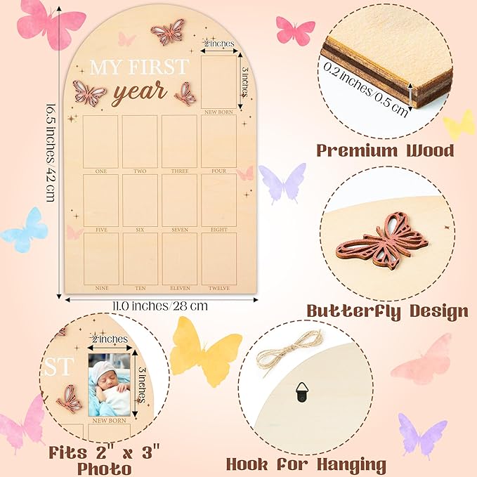 R HORSE My First Year Photo Frame Board, 3D Butterfly Baby First Year Picture Frame 12 Months Milestone Display Wood Board Baby Keepsake 1st Birthday Nursery Decor Gift for Boy Girl