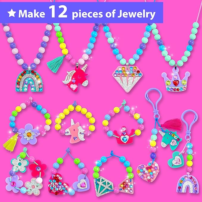 KRAFUN Jewelry Kit Unicorn & Princess Craft Set for Kids 5+ Years, 12 DIY Gem Bracelets & Charms, Unicorn & Princess Theme, Stickers, Instructions, Creative Kit