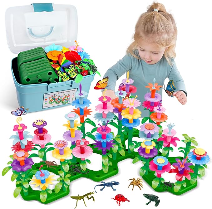 Birthday Toys Gifts for 2 3 4 5 6 Years Old Toddler Girls Boys, 156 PCS Insect Flower Garden Building Educational STEM Learning Pretend Play Gardening Set, Gifts for Preschool Kids Age 2+