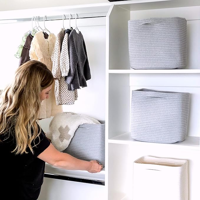 NaturalCozy Storage Cubes 11 Inch Cotton Rope Woven Baskets for Organizing, 3-Pack | Cube Storage Bin | Square Storage Baskets for Shelves Organizer, Classroom, Kids Toy Bins, Closet, Baby Nursery