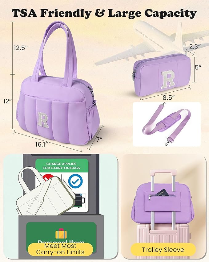 Initial Duffle Bag, Carry On Bags for Women，Birthday Gift for Mom-Overnight Bag with Wet Pocket，Lightweight Travel Bags Personalized Gym Tote with Makeup Pouch