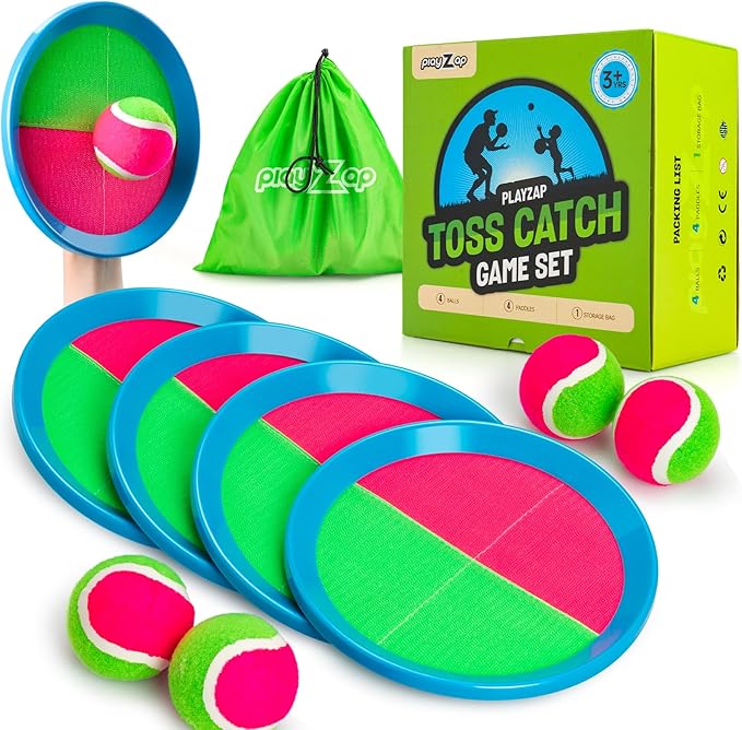 Toss and Catch Ball Set 4 Pack - Beach Toys Pool Toys Outdoor Games for Family Toddlers Kids Adults - Outside Yard Games- Classic Birthday Gift for 3 4 5 6 7 8 9 10 11 12+ Years Old Boys Girls