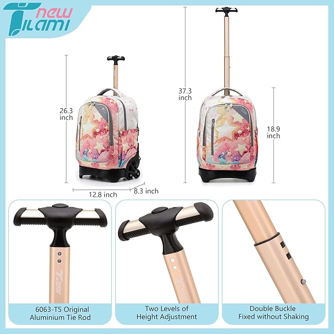 NEW TILAMI Girls 18 inch Rolling Backpack - Large Capacity, Waterproof, Adjustable Handle, Stylish Design, Ideal for School & Travel, Starshine