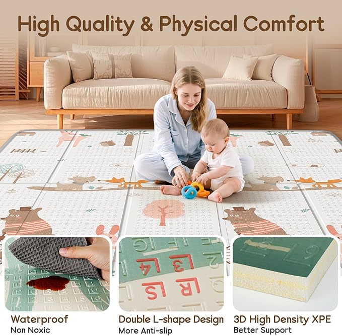 Foldable Baby Play Mat for Floor, PIGLOG 79x71 Extra Large Crawiling Play Mat for Babies, Waterproof & Portable Tummy Time and Non-Toxic Soft Foam Playmat for Infants, Toddlers