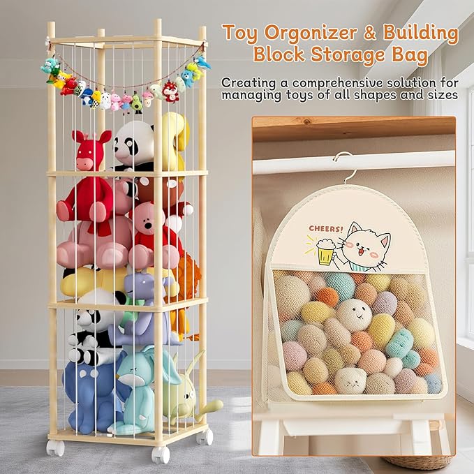 Stuffed Animal Toy Storage, 53 Inch Tall Wooden Toy Storage Rack Space-Saving Plushie Toy Organizers and Storage on Playhouse,Playroom,Bedroom -No Tools Easy Assembly