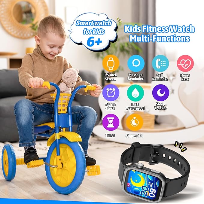 Smart Watch for Kids No Phone Needed, Tempered Glass Fitness Tracker Boy Teens with 19 Sport Modes, Pedometer, Sleep Monitor, Kids Watch Birthday Gifts Toy Gift for Girls Boys 6-16 (Black)