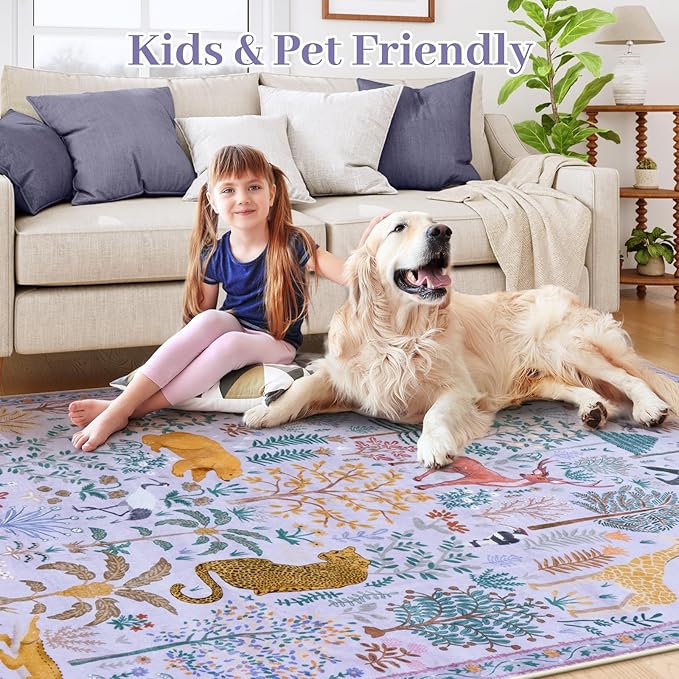 OJIA Animal Washable Area Rug 8x10, Boho Rugs for Living Room Playroom 8 x 10 Kids Bedroom Rugs, Non-Slip Ultra-Thin Indoor Large Floor Carpet for Dining Room Nursery Farmhouse