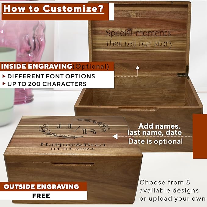 Personalized Wedding Keepsake Box Large - Acacia Wood Relationship Memory Box for Couples Keepsake, Custom Bridal Shower Gift, Engagement Gift Couple Wooden Gift Time Capsule, 11.5x8.5x5.5 in