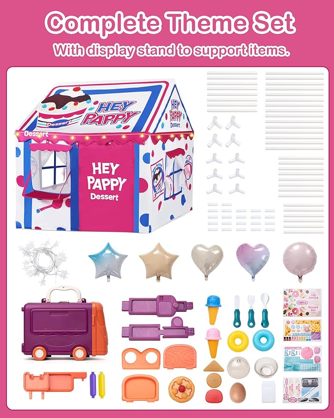 Kids Play Tent, Toddler Tent for Kid Indoor & Outdoor, 48.5"x39.4"x48.5" Playhouse Tent Dessert Theme with Complete Toys Set, 3 Window, Lights and 5 Balloons