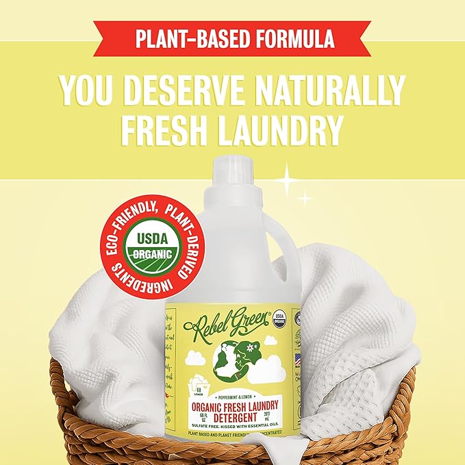 Rebel Green Organic Laundry Detergent - Natural Laundry Soap - Liquid Laundry Detergent with Dispenser Cup - Gentle Laundry Detergent - Fresh Peppermint & Lemon Scent - (68 Load Bottles, 2 Pack)