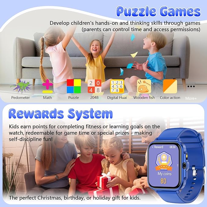 Smart Watch for Kids, 1.85" Fitness Tracker Pedometer Watch, Health, Sleep Monitor, Puzzle Games, Alarm Clock, Camera, Music Player, Torch, Activity, Gift Toys for 4 - 13 Years Old Boys and Girls