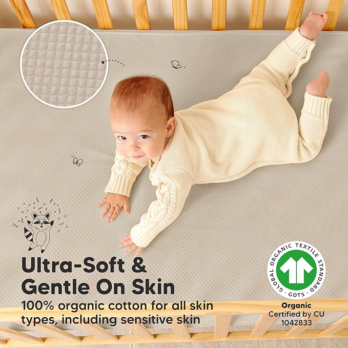 Waterproof Crib Mattress Protector Cover Fitted - 2-Pack Quiet Baby Crib Mattress Pad Sheets, 52" x 28" Soft Quilted Cotton Baby Sheet, Machine Washable, Easy Fit, Durable (Ecru/Quin)
