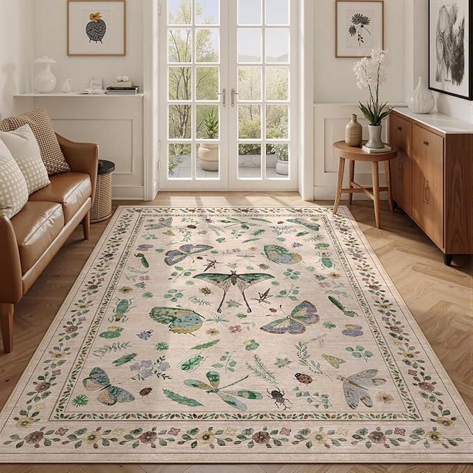 6x9 Rugs for Living Room with Insect Print - Bug Rug Non-Silp Stain Resistant Soft Carpet for Bedroom, Low Pile Ultra-Thin Machine Washable Carpet for Dining Room, Kids Nursery, Office (6'x9' Beige)