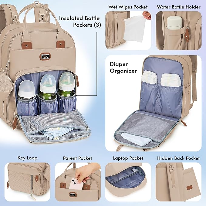 Dikaslon Diaper Bag Backpack with Portable Changing Pad, Pacifier Case and Stroller Straps, Large Unisex Baby Bags for Boys Girls, Multipurpose Travel Back Pack for Moms Dads, Milk Tea Khaki