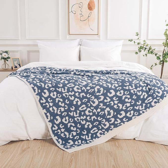 NEXHOME PRO Leopard Soft Blanket, Fuzzy Throw Blanket for Couch Bed Sofa Picnic, Knit Blankets for Women Gifts Blue 50 x 60 inches