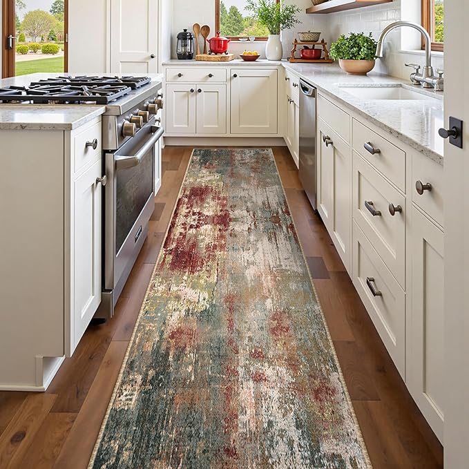 Washable Area Rugs 2'x8' Non-Slip Modern Abstract Soft for Living Room Entryway Bedroom Nursery, Print Pattern, Brown Rust Red Multi