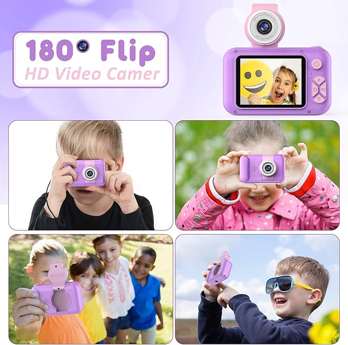 Kids Camera with 180° Flip-up Lens for Selfie & Video, HD Digital Video Cameras for Toddler with 32GB SD Card, Ideal for 3-8 Years Old Girls Boys on Birthday Christmas Party as Gift