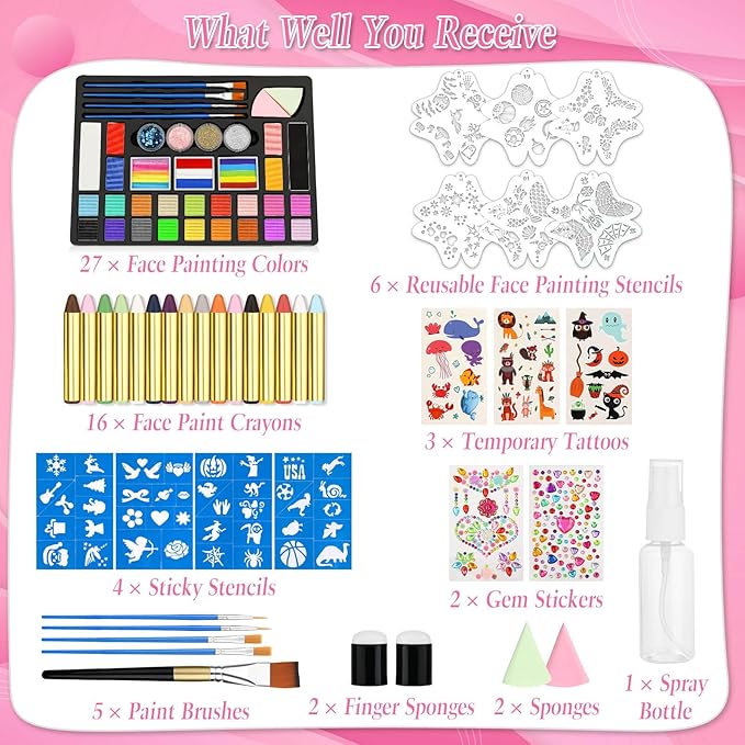 Face Painting Kit for Kids, 27 Colors Non-Toxic Paint with Brushes, 16 Crayons, 6 Reusable & 40 Sticky Stencils, Face Gems, Tattoos for Cosplay Parties & Halloween Makeup