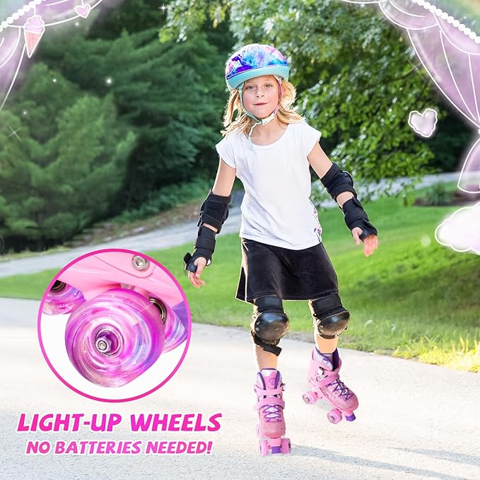 Rainbow Toddler Roller Skates - Size 4 Adjustable | Light Up Quad Skates for Girls & Boys Beginners Aged 3-12