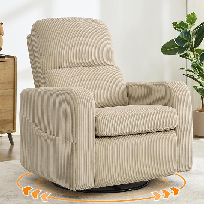 Swivel Rocker Recliner, Oversized Manual Nursery Glider Rocking Recliner Chair with Removable Cushion, Upholstered Swivel Reclining Chair for Nursery Living Room Bedroom, Corduroy Camel