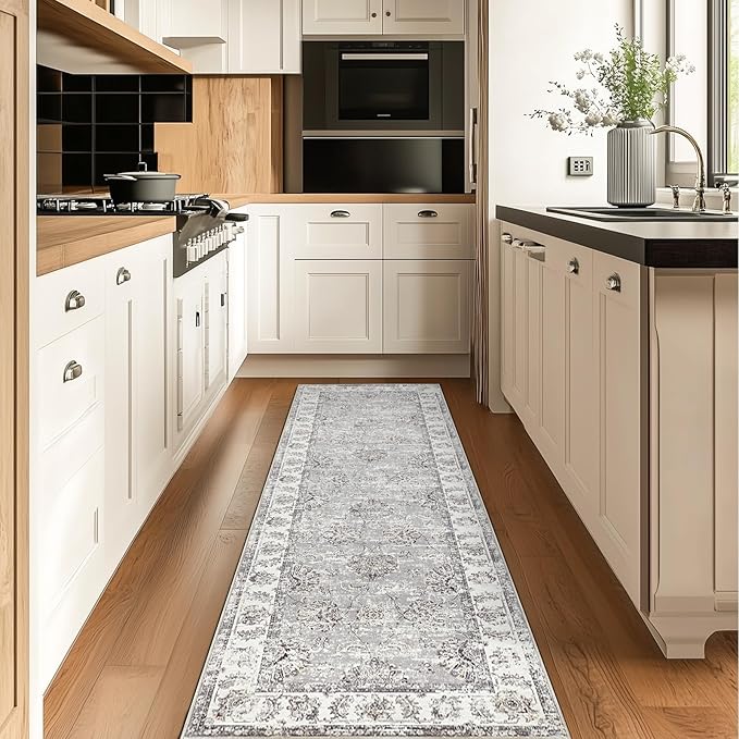 jinchan Long Hallway Runner Rug 2x12 Machine Washable Runner Rug Grey Vintage Floral Design Non-Slip Ultra-Thin for Kitchen Laundry Room Bedroom Farmhouse (2‘x12',Grey)