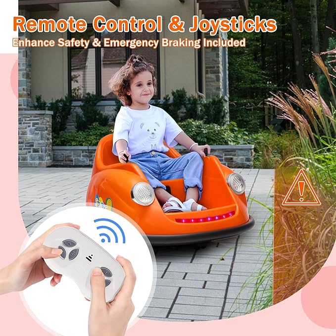 12V Bumper Car for Toddlers, Electric Toy Ride on Battery Car with Kids W/Parent Remote Control, 2-Speed, 360 Degree Spin, Music & LED Lights for Kids, Orange