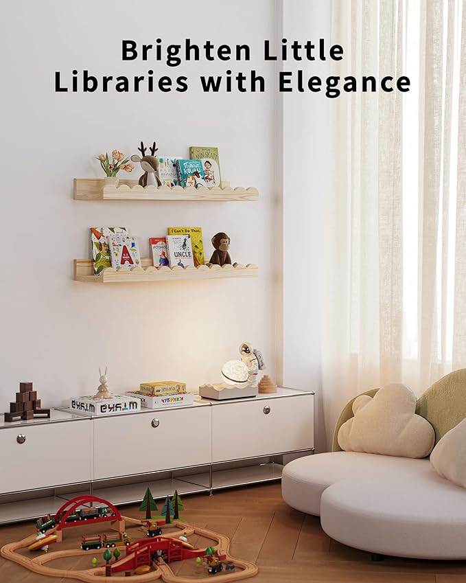 Nursery Book Shelves, 4-Pack Wood Floating Shelves for Wall Kids, Scalloped Shelves, Wall Book Shelves for Bedroom Kids, Toddler Room, Baby Room, Nursery Decor(Wood, 16.5 Inches)