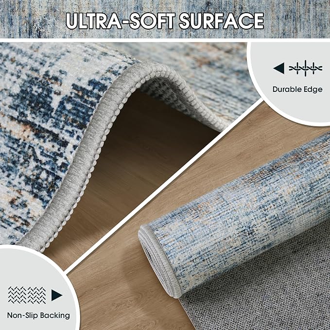 Area Rug 9x12 Washable Rugs: Abstract Large Living Room Rugs with Non-Slip Backing, Thin Carpet for Dining Room Table Bedroom Nursery Indoor Home Office-Blue Brown