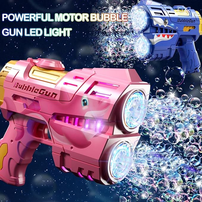 2 Pack Bubble Guns for Kids, LED Light Up Rechargeable Bubbles Machine Blower with 4 Bottles Refill Solution, Toddlers 4-8 Wedding Birthday Easter Party Gift