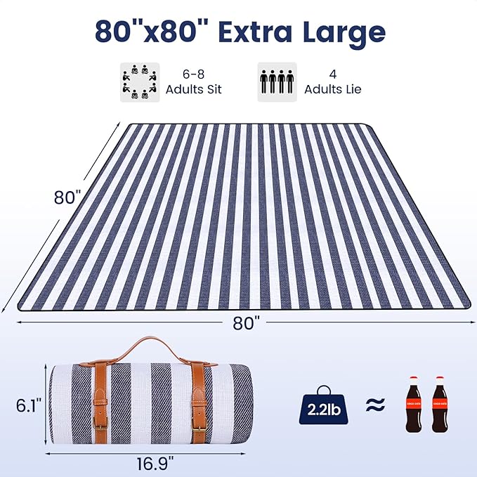 sapsisel 80”x 80” Picnic Blanket Extra Large, Waterproof and Foldable Beach Blanket, 3-Layer Outdoor Blanket for 6 to 8 Adults, for Camping, Park, Beach, Grass, Indoors…