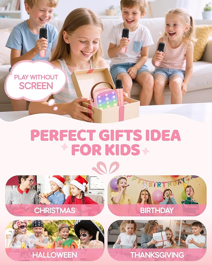YLL Mini Karaoke Machine for Kids Adults: Portable Loud Speaker with 4 Wireless Microphones -Most Popular Birthday Party Gifts for Girls Boys 3, 4, 5, 6, 7, 8, 9, 10+ Year Old Toys (Pink-4 Mics)