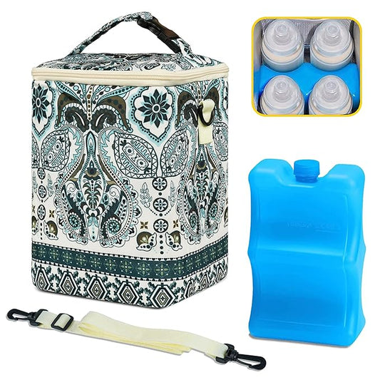 Breastmilk Cooler Bag with Ice Pack Fits 4 Baby Bottles Up to 9 Ounce Insulated Baby Bottle Bag Breast Milk Cooler on The Go with Strap Baby Bottle Cooler Bag for Nursing Mom Daycare or Travel
