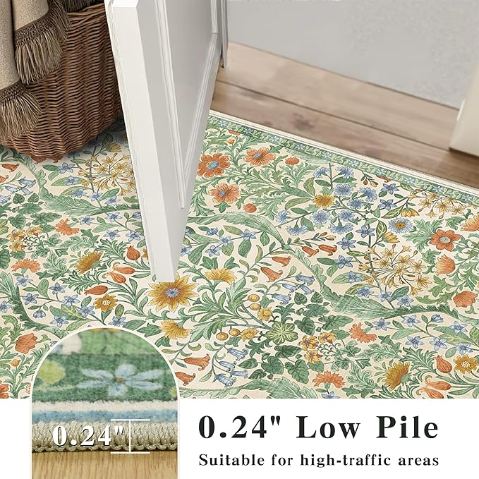 2x6 Washable Runner Rug,Grass Green Floral Boho Area Rug for Hallway,Low-Pile Non-Slip Stain Resistant Carpet for Kitchen, Bedside,Laundry Room,Entryway