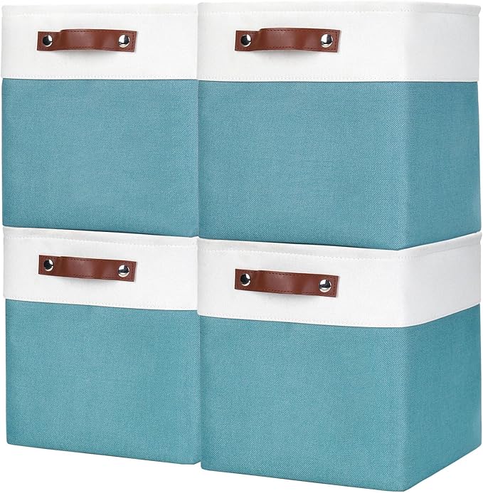 Collapsible Fabric Storage Cubes 11x11 Cube Storage Bins, 4 Pack Closet Baskets Box with Handles for Organizing, Shelf, Toys, Clothes, Home, Office, Nursery (Teal&White)