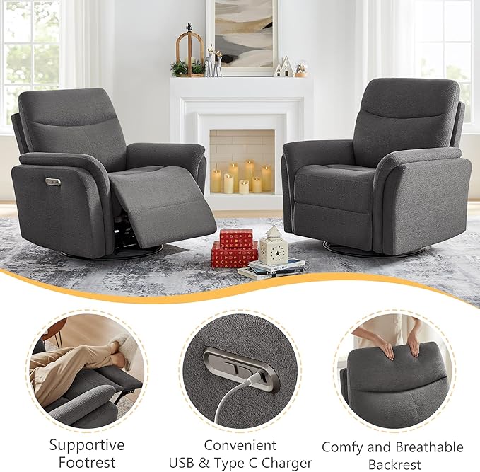 Power Recliner Chair Swivel Glider, Electric Rocking Recliner Chairs with USB and Type-C Ports, Nursery Chair Recliner for Office, Living Room, Bedroom（Dark Gray）