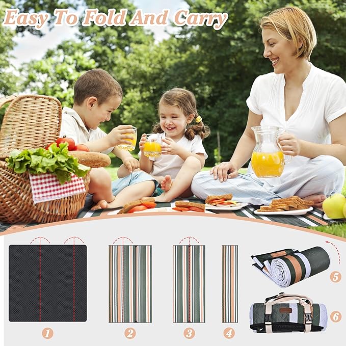 Waterproof Picnic Blanket 80" x 80" in Portable with Carry Strap for Beach Mat or Family Outdoor Camping Party, Park Blanket for Grass Park Hiking Travel Concerts (Dark Green&White&Orange, 80" x 80")
