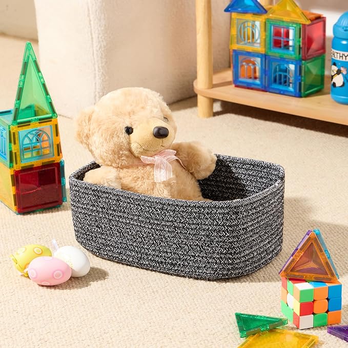 Small Storage Baskets for Organizing | Closet Organizer Bins | Shelf Toy Basket | Woven Rope Baskets | Cube Decorative Box | Shallow Basket | 11.5x7.5x4.7” | 3 Packs Dark Gray