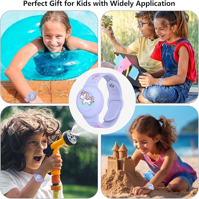 Waterproof Airtag Bracelet Kids,Cute Cartoon Silicone Hidden Airtag Wristband Kids,Anti-Lost Apple Airtag Holder Case for Toddler,Airtag Case Watch Band Tracker for Child-Purple