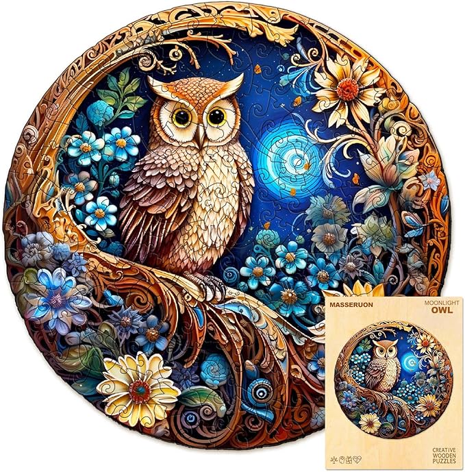 masseruon Wooden Puzzles for Adults-Moonlight Owl, Unique Shaped Jigsaw Puzzles for Adult(M, 190pieces, 11.4x11.4in), Beautiful Animal Shaped Wood Puzzles, Christmas Family Game Birthday Gift